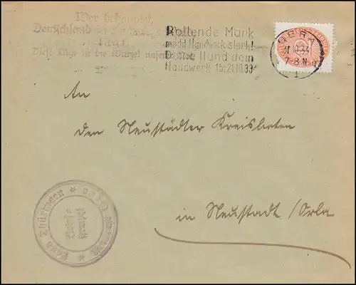 129X défectueux sur lettre de service Propaganda Temple supplémentaire, GERA 31.10.1933