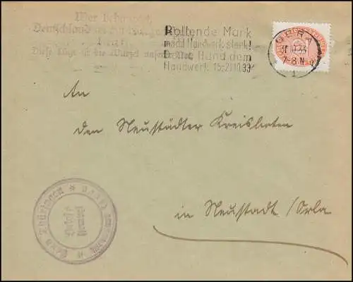 129X defekt auf Dienstbrief Propaganda Zusatz-Stempel, GERA 31.10.1933