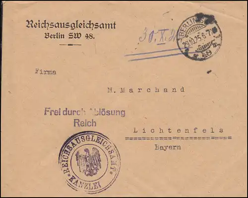 Frei durch Ablösung Reichsausgleichsamt BERLIN SW 48 - 20.10.25 nach Lichtenfels