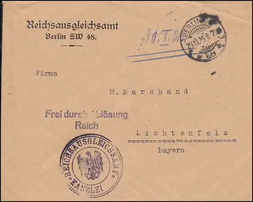 Libre par remplacement Reichsbegeldungsamt BERLIN SW 48 - 20.10.25 selon Lichtenfels