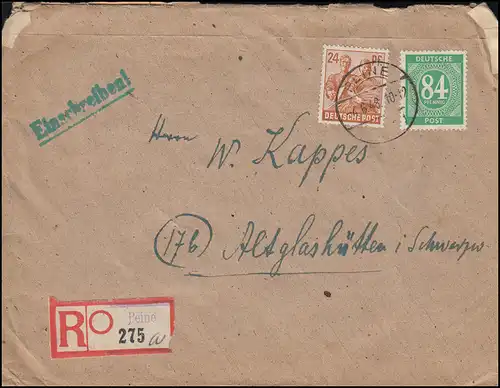 936 + 951 Kontrollrat I+II als MiF auf R-Brief Not-R-Zettel PEINE 4.8.1948