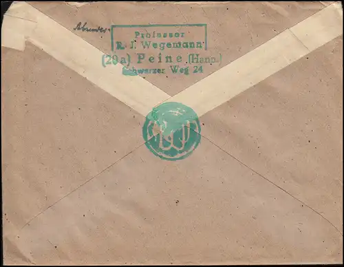 936 + 951 Kontrollrat I+II als MiF auf R-Brief Not-R-Zettel PEINE 4.8.1948