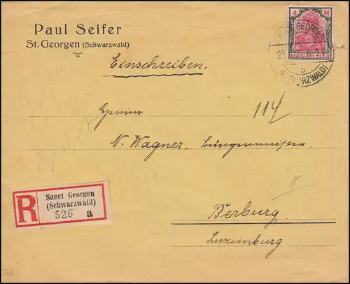 153 Germania 4 Mark sur lettre R SANkt GEORGEN / SCHWARZWALD 23.1.1923