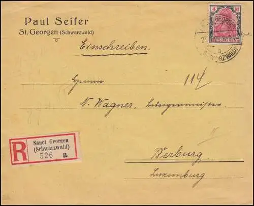 153 Germania 4 Mark sur lettre R SANkt GEORGEN / SCHWARZWALD 23.1.1923