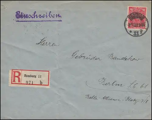 Firmenlochung CC auf 206W Posthorn 10 Mark als EF auf Brief HAMBURG 9.11.1922
