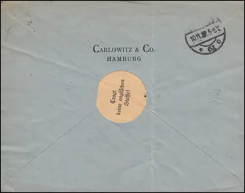 Firmenlochung CC auf 206W Posthorn 10 Mark als EF auf Brief HAMBURG 9.11.1922