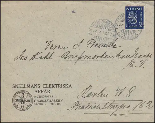 153 Wappenlöwe 2 Mark lila als EF auf Brief GAMLAKARLEBY 22.5.1930 nach Berlin