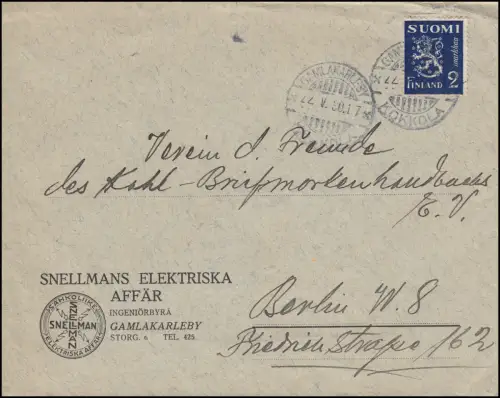 153 armoiries 2 marks pourpre comme EF sur lettre GAMLAKARLEBY 22.5.1930 à Berlin