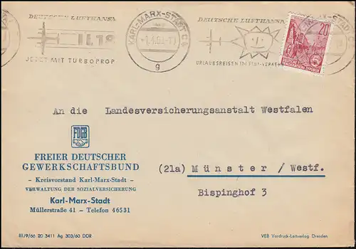 Fünfjahrplan 20 Pf. EF Brief FDGB Karl-Marx-Stadt / Chemnitz Lufthansa 18 1.4.61