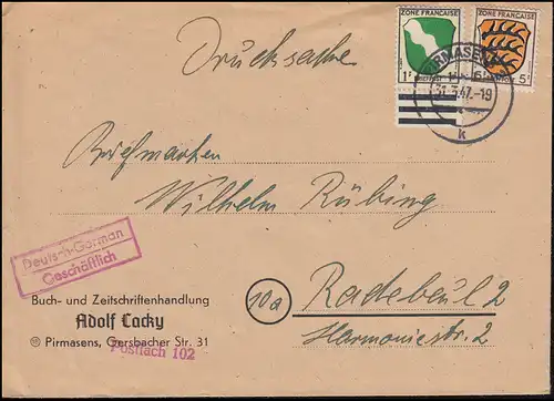 1+3 Freimarken Wappen 1 mit UR und 5 Pf MiF auf Drucksache PIRMASENS 31.3.1947