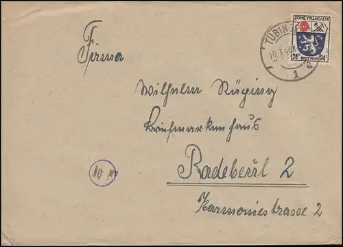 9 timbres francs armoiries 24 Pf comme EF sur lettre TÜBINGEN 10.3.1947 vers Radebeul/SBZ