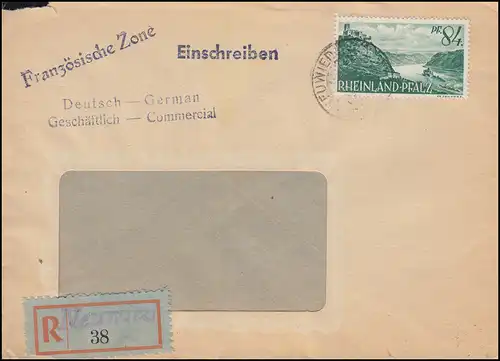 14 Burg Gutenfels 84 Pf. als EF auf R-Brief Not-R-Zettel NEUWIED 1.9.1947
