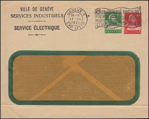 Schweiz Privatumschlag Fensterbrief Tell 10 C. grün + 10 C. rot, GENF 17.3.1921