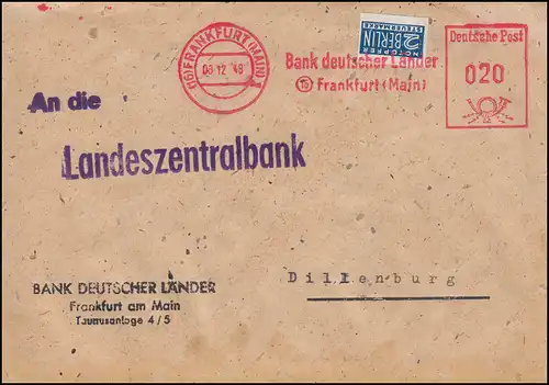 AFS Bank deutscher Länder FRANKFURT / MAIN 8.12.48 mit ungezähnter Notopfermarke