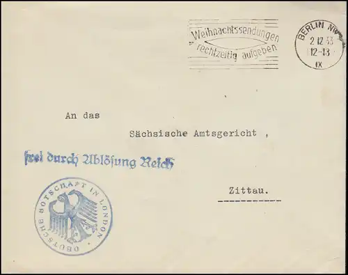Libre par remplacement Reich Deutsche Ambassade Londres sur BERLIN 2.12.33 n.Zittau