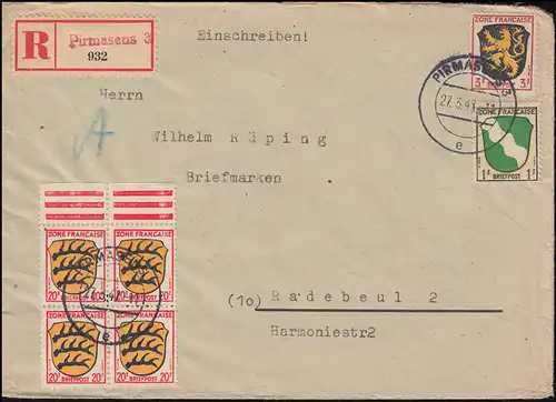 1+2+8 francs armoiries 1, 3, 20 Pf MiF Lettre R Not-R-Zelet PIRMASENS 27.3.47