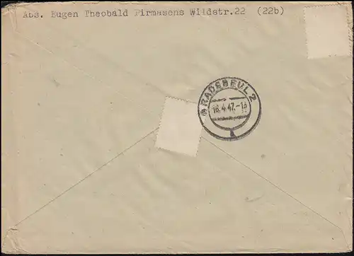 1+2+8 francs armoiries 1, 3, 20 Pf MiF Lettre R Not-R-Zelet PIRMASENS 27.3.47