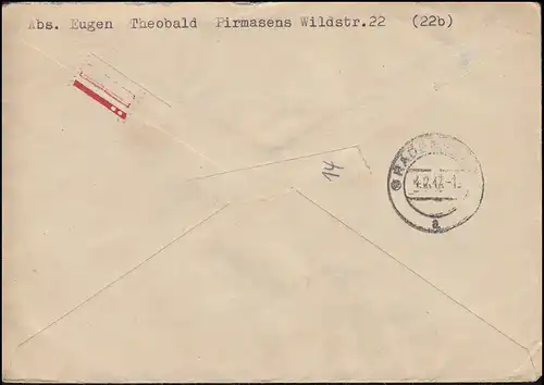 1ff Freimarken Wappen-MiF auf R-Brief PIRMASENS 18.1.1947 nach RADEBEUL 4.2.47