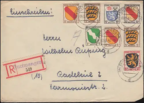 1ff Freimarken Wappen-MiF R-Brief Not-R-Zettel FURTWANGEN 9.3.1947 nach Radebeul