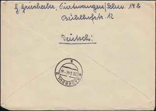 1ff Freimarken Wappen-MiF R-Brief Not-R-Zettel FURTWANGEN 9.3.1947 nach Radebeul