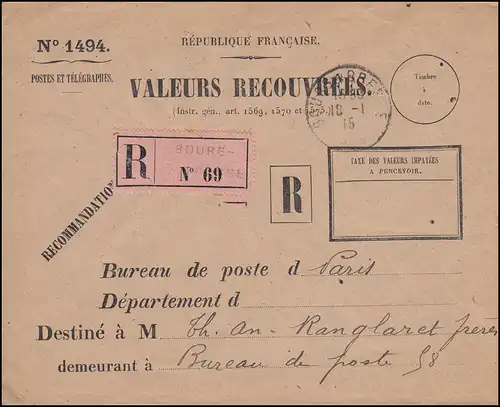 Dienstbrief VALEURS RECOUVREES als R-Brief Not-R-Zettel BOURG-EN-BRESSE 18.1.15