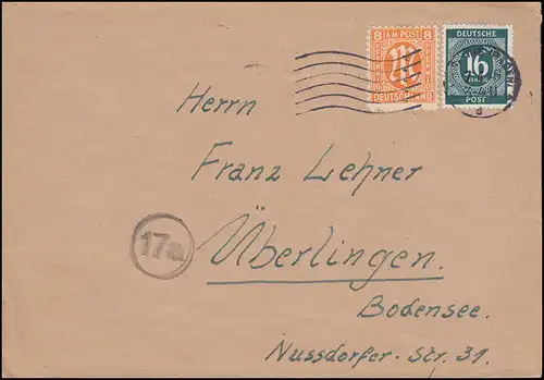 5 AM-Post 8 Pf. mit 923 Gemeinschaft MiF Brief KARLSRHE 7.4.1946 nach Überlingen
