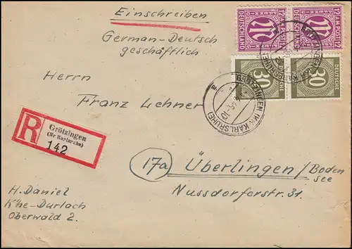 7 AM-Post 12 Pf. mit 928 Gemeinschaft MiF R-Brief GRÖTZINGEN (KARLSRHE) 9.4.1946