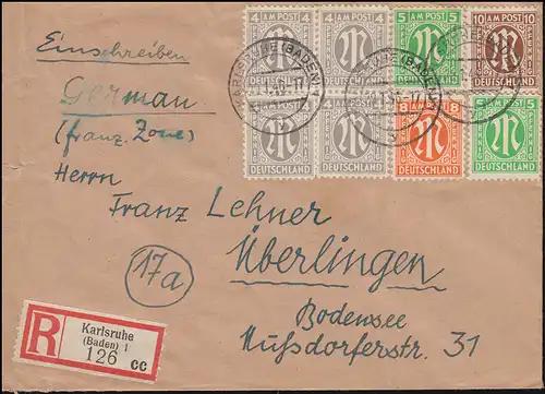 2+3+5+6 AM-Post-Marken auf R-Brief KARLSRUHE (BADEN) 29.1.1946 nach ÜBERLINGEN