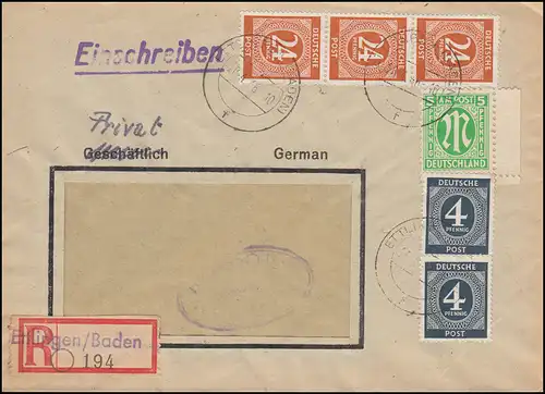 914+925 Gemeinschaft mit 3 AM-Post R-Bf. Not-R-Zettel ETTLINGEN / BADEN 26.4.46