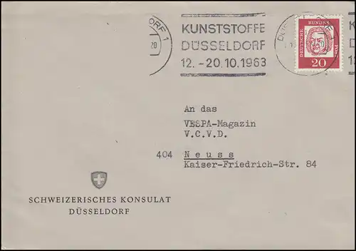 352y Bach 20 PF EF sur lettre Consulat suisse DÜSSELDORF 1963 après Neuss