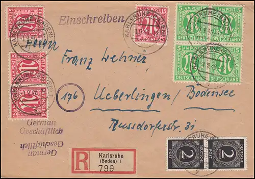 3+8 AM-Post 5+15 Pf. mit 912 Ziffer 2 Pf. als MiF auf R-Brief KARLSRUHE 1.9.1946