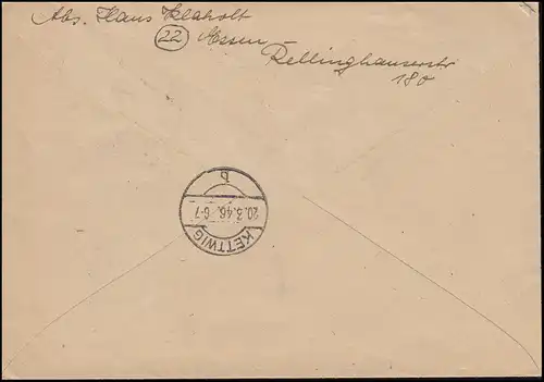 31 AM-Post 42 Pf. Paar als MeF R-Brief Not-R-Stempel ESSEN 19.3.46 nach KETTWIG