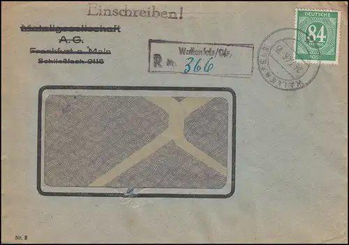 946 Ziffer als EF R-Brief Not-R-Stempel WALLENFELS 24.7.1946 nach KRONBERG 26.7.