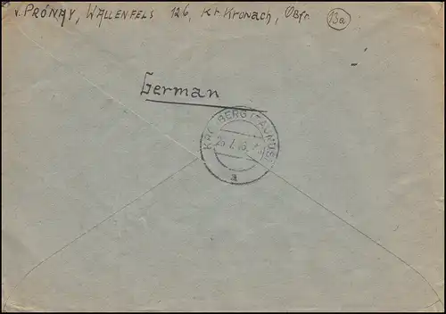 946 Ziffer als EF R-Brief Not-R-Stempel WALLENFELS 24.7.1946 nach KRONBERG 26.7.