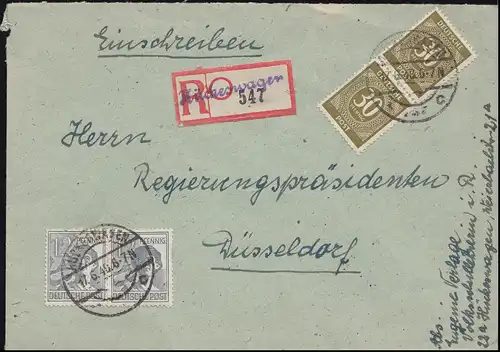 928 Ziffer mit 947 Kontrollrat II MiF R-Brief Not-R-Zettel HÜCKESWAGEN 17.6.48