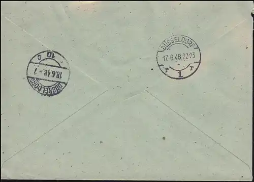 928 Ziffer mit 947 Kontrollrat II MiF R-Brief Not-R-Zettel HÜCKESWAGEN 17.6.48