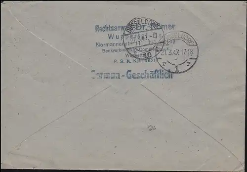 918+925 Ziffer 10+24 Pf MiF auf R-Brief WUPPERTAL-BARMEN 21.3.47 nach DÜSSELDORF
