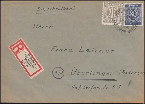 2 AM-Post: 935 Communauté 80 Pf MiF R-Lettre REICHENBACH / CARLSRUHE 8.4.46