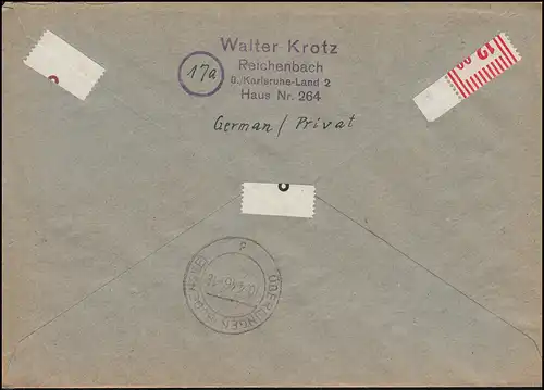 2 AM-Post mit 935 Gemeinschaft 80 Pf MiF R-Brief REICHENBACH / KARLSRUHE 8.4.46