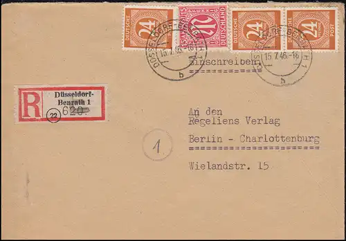 8 AM-Post 15 Pf. mit 923 Gemeinschaft 24 Pf R-Brief DÜSSELDORF-BENRATH 15.7.1946