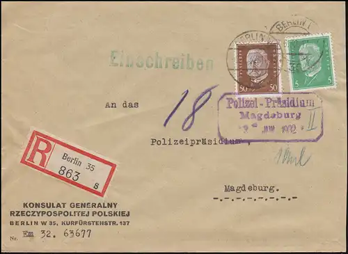 411+420 Hindenburg auf R-Brief Polnisches Konsulat BERLIN 2.6.32 n. Magdeburg