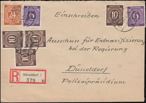 Ziffern-Frankatur auf R-Brief DÜSSELDORF 29.4.1947 an Entnazifizierungsausschuss