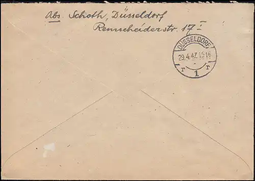 Ziffern-Frankatur auf R-Brief DÜSSELDORF 29.4.1947 an Entnazifizierungsausschuss