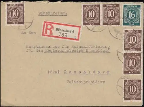 918+923 Ziffern R-Brief DÜSSELDORF 11.6.1947 an Entnazifizierungsausschuss