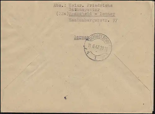 918+923 Ziffern R-Brief DÜSSELDORF 11.6.1947 an Entnazifizierungsausschuss