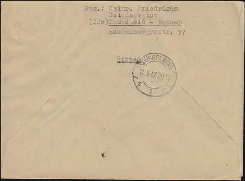 918+923 Ziffern R-Brief DÜSSELDORF 11.6.1947 an Entnazifizierungsausschuss