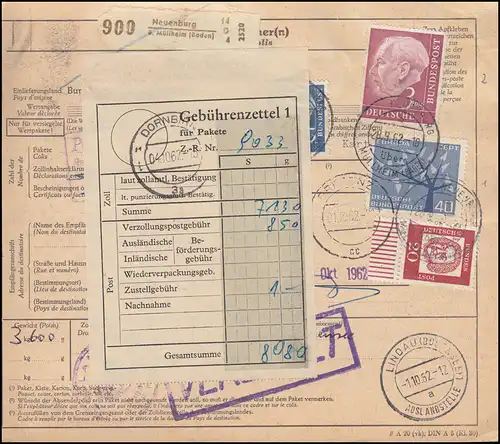 196x ff auf Paketkarte NEUENBURG über MÜLLHEIM 28.9.62 nach DORNBIRN 2.10.62