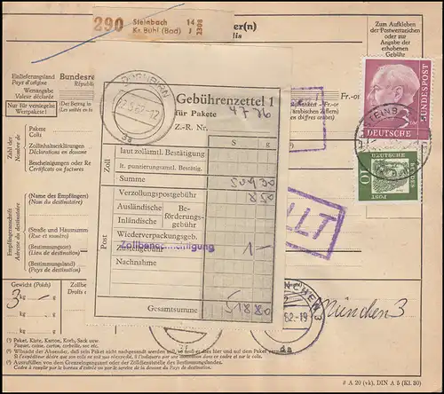 196x+350x auf Paketkarte STEINBACH (Kr. BÜHL) nach Österreich DORNBIRN 9.5.1962
