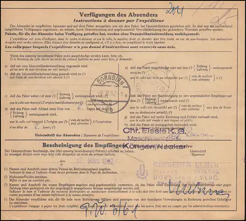 196x+350y auf Paketkarte SSt WENDLINGEN 5.2.62 nach Österreich DORNBIRN 8.2.