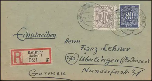 2 AM-Post 4 Pf. mit Gemeinschaft 80 Pf als MiF auf R-Brief KARLSRUHE 9.4.1946